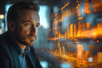 A man thoughtfully observes a futuristic digital interface displaying dynamic data streams and visualizations.