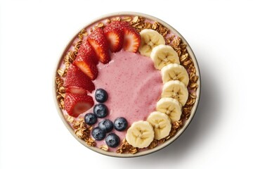 Vibrant smoothie bowl features blended fruits topped with strawberries, blueberries, bananas, and crunchy granola. Ideal for a nutritious morning treat or energizing snack