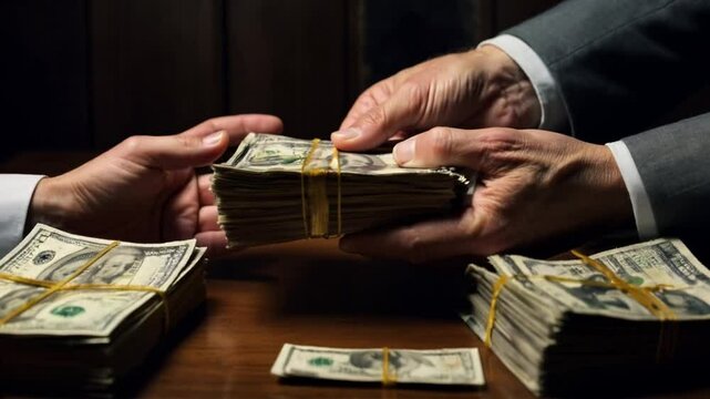 Hands furtively exchanging bundles of cash, a scene of corruption and bribery unfolds discreetly.
