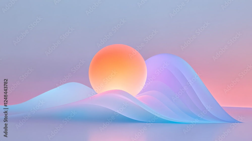 Poster an elegant design depicting a radiant sphere resting within flowing folds in pastel blues and