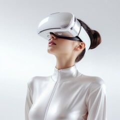 Young people wear visual goggle watching multi media in white background