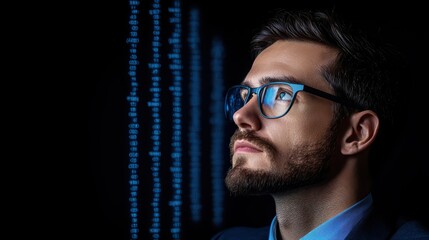 Fototapeta premium Thoughtful Man in Glasses Looking at Digital Data Stream at Night
