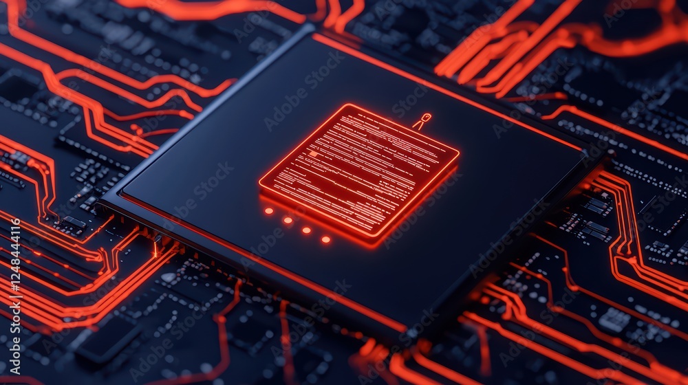 Poster high-tech circuit board with glowing microchip and red lines