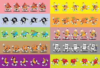 Vintage Cartoon Mascot Collection – Retro Cartoon Characters Set with Watermelon, Vinyl, Globe, Basketball, Banana, Bottle, Apple, Pencil, Smartphone, and Heart