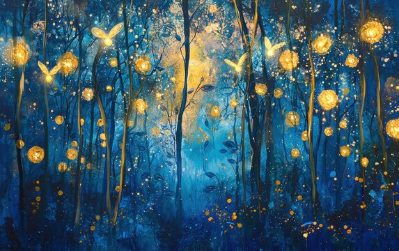 Mysterious enchanted forest with glowing fireflies at twilight, deep blues and golden highlights