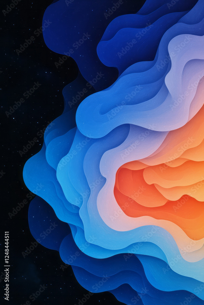 Aufkleber a dynamic composition where layers of blue and orange flow together like cosmic waves, interspersed