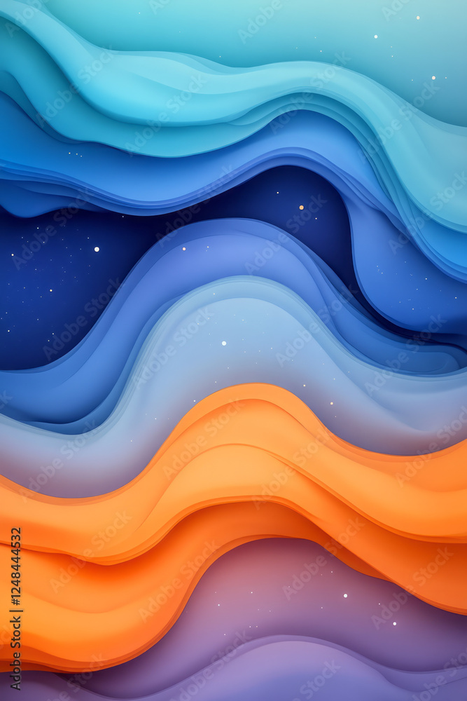 Poster a dynamic composition where layers of blue and orange flow together like cosmic waves, interspersed
