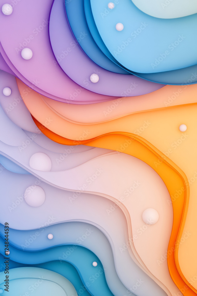 Poster a dynamic composition where layers of blue and orange flow together like cosmic waves, interspersed