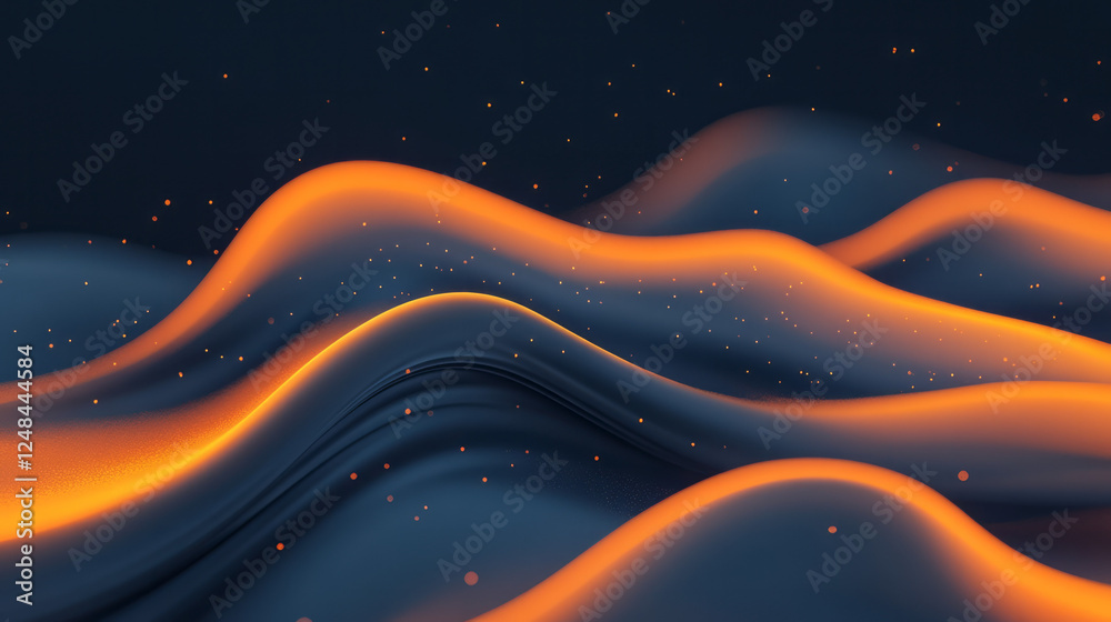 Poster A captivating abstract image where fluid layers of deep blue and orange mix, illuminated by