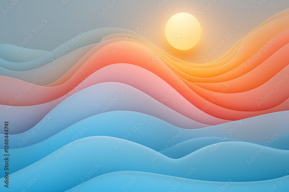 Poster an immersive visual capturing deep blue and warm orange layers in perpetual motion, lit by minute,