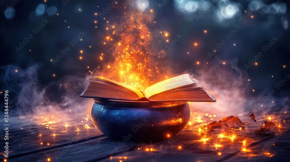 Poster magical book resting atop enchanting cauldron