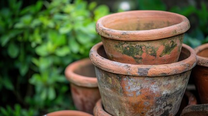 Naklejka premium stacked terracotta pots in garden setting