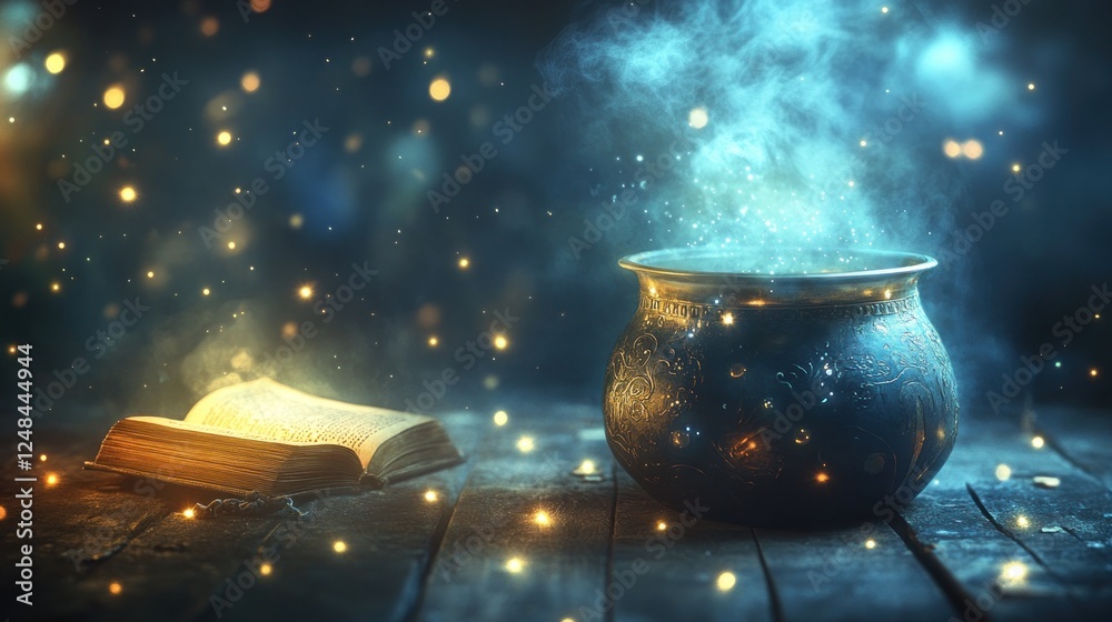 Aufkleber Magical Cauldron Steaming with Glowing Particles and Book