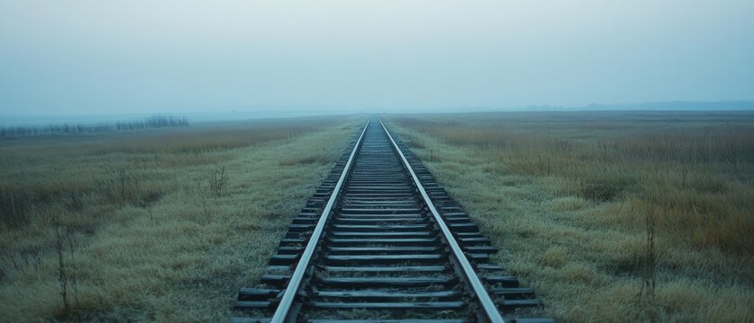 Parallel train tracks stretch infinitely under a muted blue sky, inviting journeys into the unknown as they vanish in the fog.
