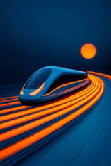 Obraz premium A vibrant image of a sleek high-speed train cutting through the night, orange trails following its
