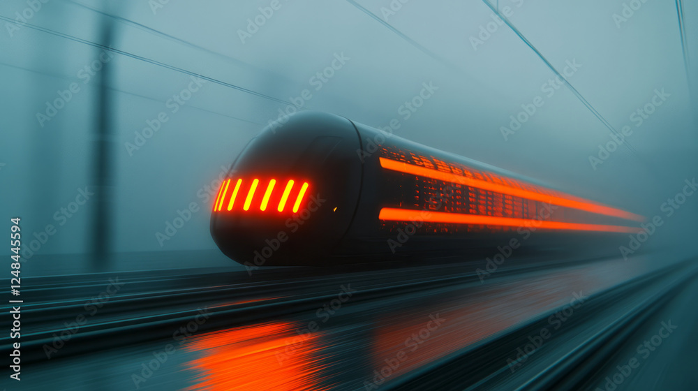 Fototapete a futuristic station scene where a speeding trainâ€™s orange light trails merge with a hovering