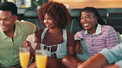 Friends, talking and watching tv with laughing in home for comedy movie, film review and bonding together. People, drinks and happy with streaming service for funny series and entertainment on sofa