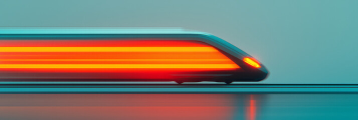 A captivating side-view shot of a modern train streaking by, blazing orange neon lines and an
