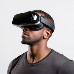 Young people wear visual goggle watching multi media in white background