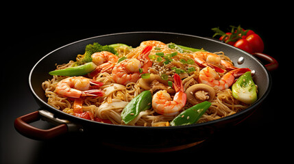 Shrimp Stir-fry with Noodles and Vegetables in a Wok