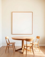 Beige living room interior with seats, round table and mockup white blank frame, Serene Dining Room with Empty Frame - Warm Natural Light and Modern Design, modern, minimalist, Scandinavian.