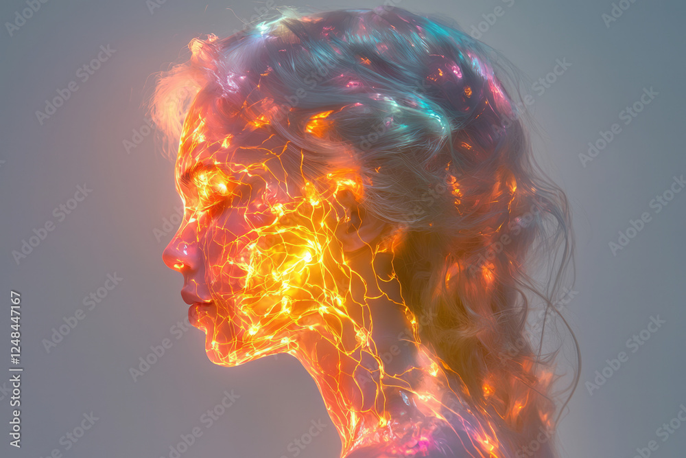 Aufkleber a surreal profile shot of a woman with a glowing translucent head, filled with branching neural