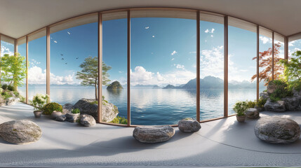 Fototapeta premium Panoramic view of a serene landscape through the window of an empty room 360 panorama vr environment map. 3D Illustration