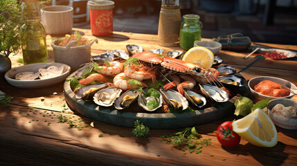 Sunlit Seafood Platter with Shrimp, Crab, Mussels, and Oysters
