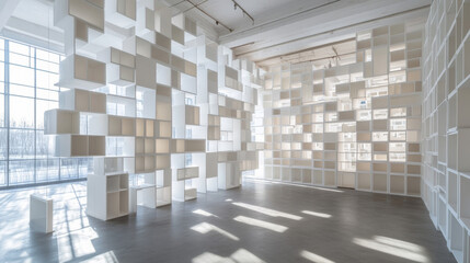 Room With walls created out of Numerous White Boxes 3d render illustration. 3D Illustration