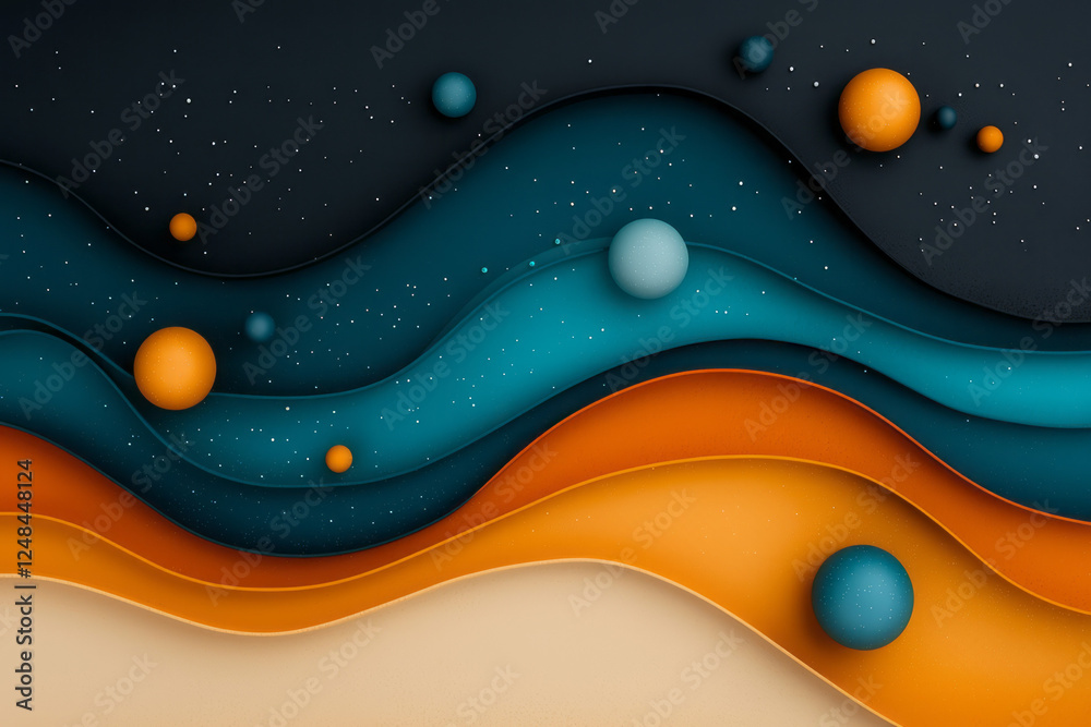 Aufkleber a flowing abstract landscape in deep blue and warm orange waves, dotted with floating bubbles that