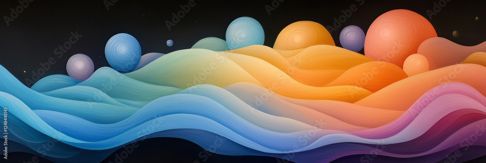 Poster a vibrant abstract scene of rolling waves in dark blues and warm oranges, interspersed with