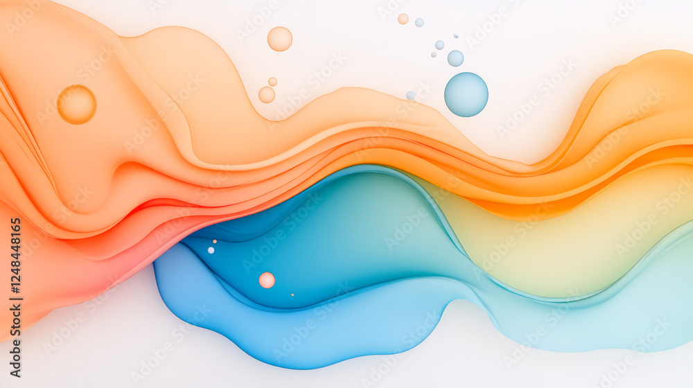 Poster a soft, flowing abstract landscape of blue and orange waves, with drifting bubbles adding an