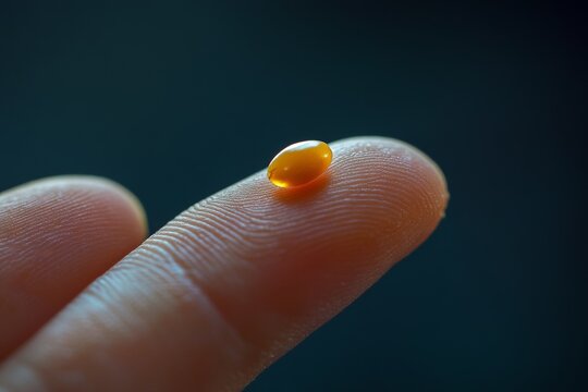 Macro view of a single orange bead on a fingertip outdoors