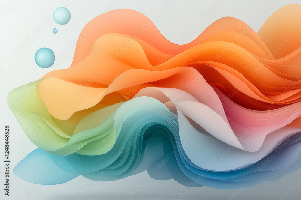 Leinwandbilder a dynamic abstract vista where fluid orange and blue folds converge, while floating bubbles add a