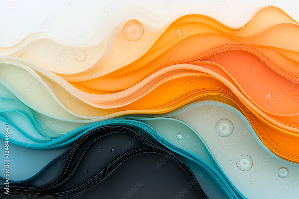 Leinwandbilder a dynamic abstract vista where fluid orange and blue folds converge, while floating bubbles add a