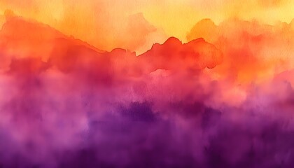 Abstract watercolor painting features a vibrant sunset gradient effect