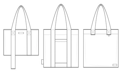 Tote Bag Set Technical Fashion Illustration. Structured Utility Tote Bag Designs Vector Template. Minimalist Everyday Tote. Functional and Versatile. Front View. CAD Mockup Set.