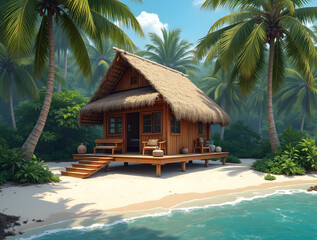 Fototapeta premium A wooden bungalow house located on the beach of a small island, surrounded by white sand and tropical green plants.