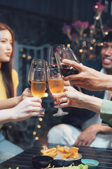 Cheers to Good Times: A close-up shot of four friends raising their glasses in a celebratory toast, their laughter and smiles suggesting a joyous occasion.