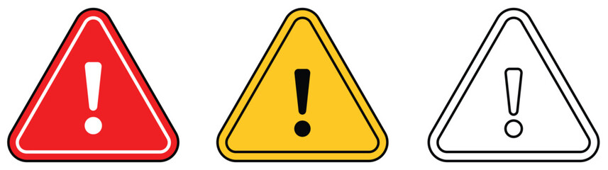 Warning, precaution, attention, alert icon, set exclamation mark in triangle shape. Exclamation marks. Caution alarm set, danger signs. Attention symbols. Warning and attention icons.
