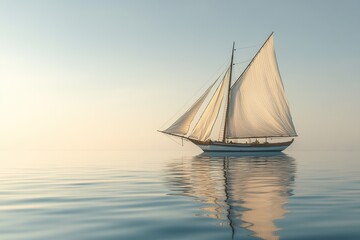 Sailboat glides serenely across calm ocean waters at sunrise, a majestic journey of nautical adventure. Peaceful maritime scene.