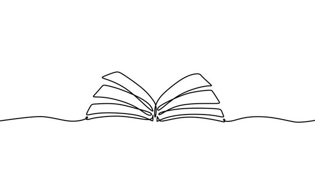 Continuous one line drawing animation of open book with flying pages. Education supplies back to school theme. Animation video
