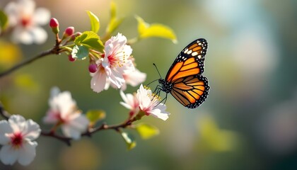 Fototapeta premium A butterfly landing on a blooming cherry branch
