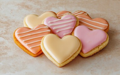 Heart-shaped cookies with icing for Saint Valentines Day and 8 March International Womens Day on a pastel beige background