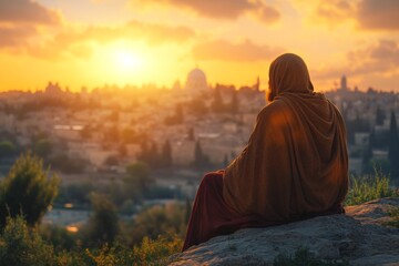 Back view of a person meditating on a mountain at sunset