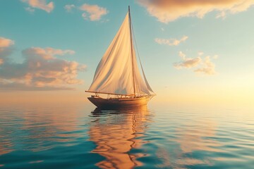 Fototapeta premium Wooden Sailboat Sailing on Calm Ocean Waters at Sunset, Peaceful Serenity at Sea, Tranquil Voyage