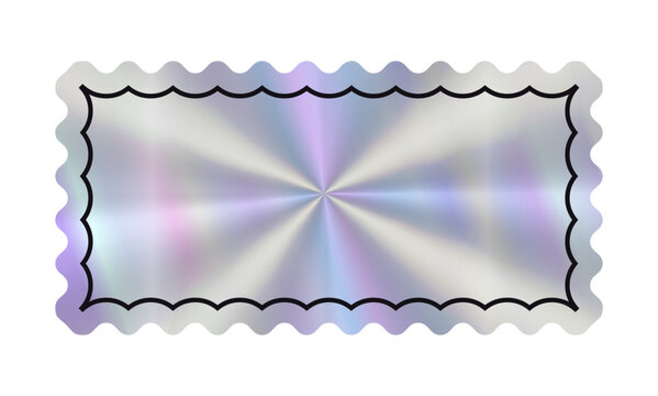 Hologram empty rectangular Sticker with line decoration and wavy edges. Holographic label in retro style for text. Simple geometric shape with rainbow y2k color. Blank Tag minimalist coupon.