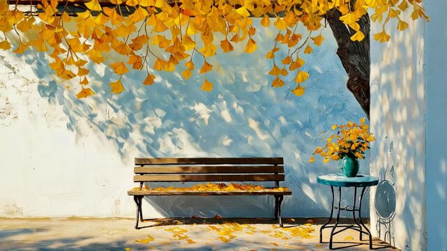 animation illustration of a long wood bench under yellow gingko tree 