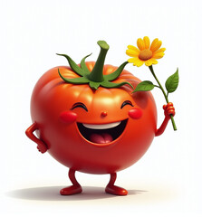 Smiling Tomato Character Holding a Flower, Cute 2D Kids Illustration on White Background

