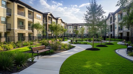 Apartment complex courtyard with landscaped walkway, benches, and green lawn